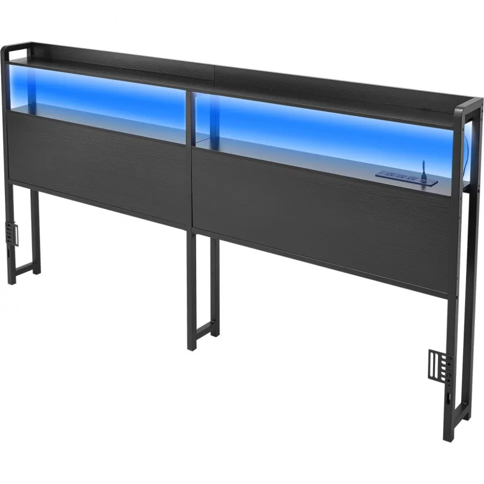 VEVOR Headboard for King Size Bed, with 2 Storage Shelves, LED Light, 3 Outlets, and 3 USB Ports, Sturdy and Stable Carbon Steel Frame Head Board with Charging Station, Adjustable Height, Black