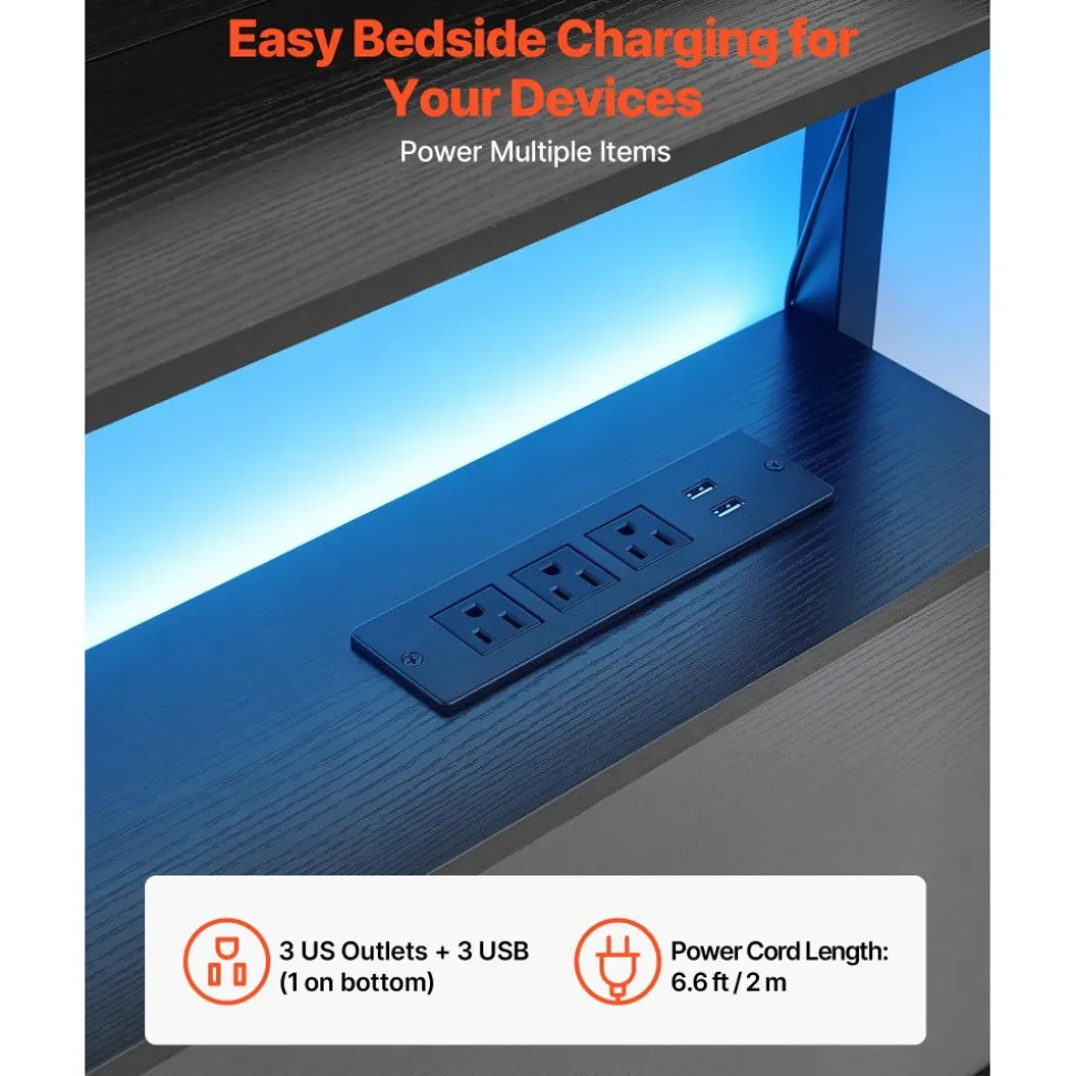 VEVOR Headboard for Queen Size Bed, with 2 Storage Shelves, LED Light, 3 Outlets, and 3 USB Ports, Sturdy and Stable Carbon Steel Frame Head Board with Charging Station, Adjustable Height, Black