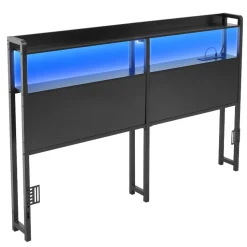 VEVOR Headboard for Queen Size Bed, with 2 Storage Shelves, LED Light, 3 Outlets, and 3 USB Ports, Sturdy and Stable Carbon Steel Frame Head Board with Charging Station, Adjustable Height, Black