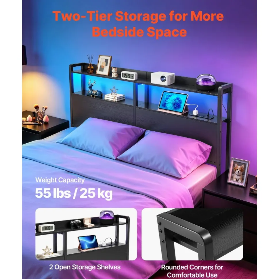 VEVOR Headboard for Queen Size Bed, with 2 Storage Shelves, LED Light, 3 Outlets, and 3 USB Ports, Sturdy and Stable Carbon Steel Frame Head Board with Charging Station, Adjustable Height, Black