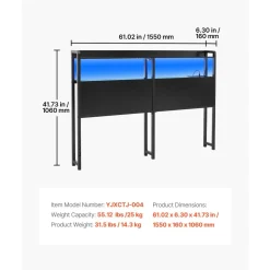 VEVOR Headboard for Queen Size Bed, with 2 Storage Shelves, LED Light, 3 Outlets, and 3 USB Ports, Sturdy and Stable Carbon Steel Frame Head Board with Charging Station, Adjustable Height, Black