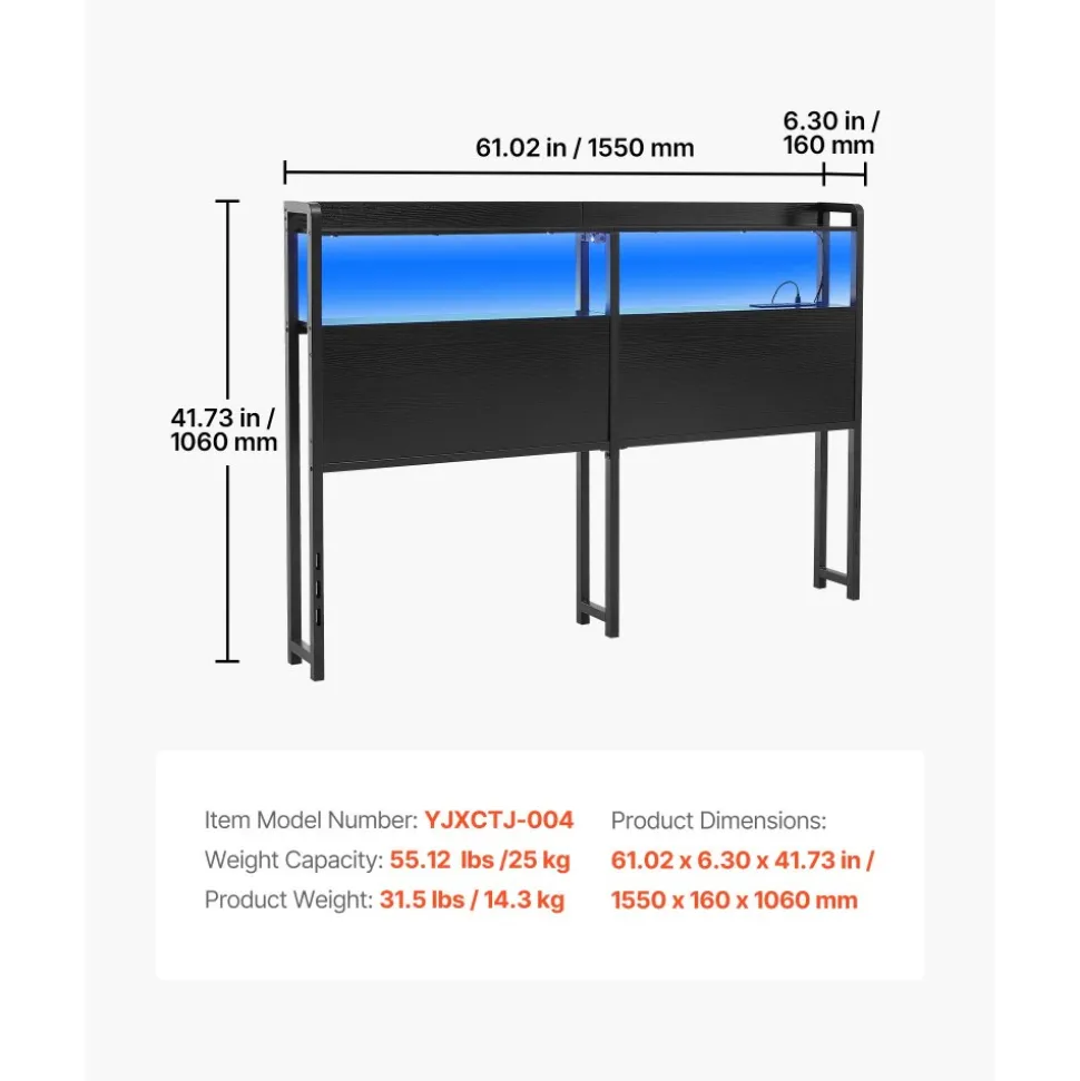 VEVOR Headboard for Queen Size Bed, with 2 Storage Shelves, LED Light, 3 Outlets, and 3 USB Ports, Sturdy and Stable Carbon Steel Frame Head Board with Charging Station, Adjustable Height, Black
