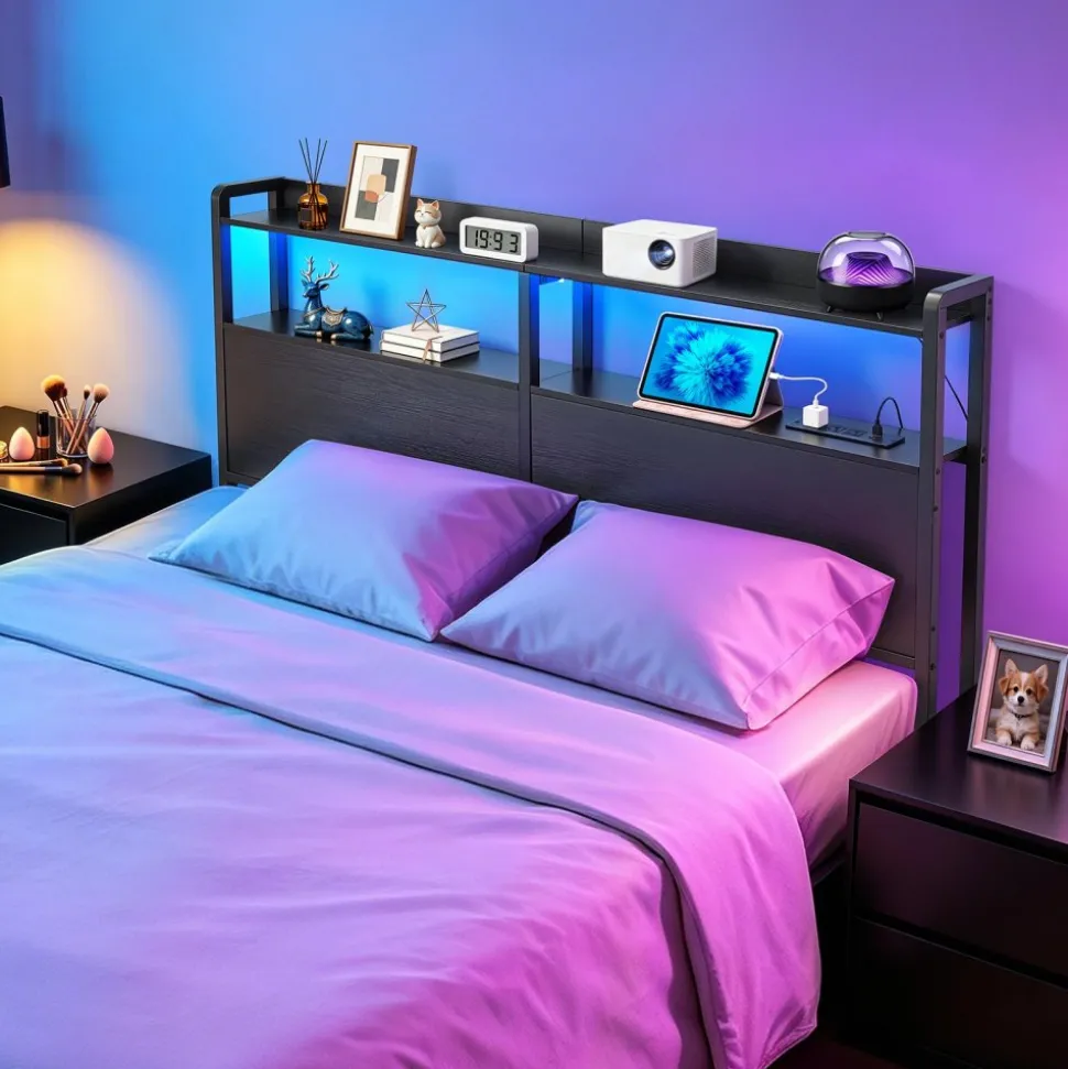 VEVOR Headboard for Queen Size Bed, with 2 Storage Shelves, LED Light, 3 Outlets, and 3 USB Ports, Sturdy and Stable Carbon Steel Frame Head Board with Charging Station, Adjustable Height, Black