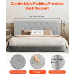 VEVOR Headboard, Full Size Headboard with Adjustable Height, Comfortable Diamond Tufted for Full Size Bed, W 56.3 x H(35.6-47.4)inches, Ideal for Bedroom, Hotel, Homestay, Dormitory, Light Grey