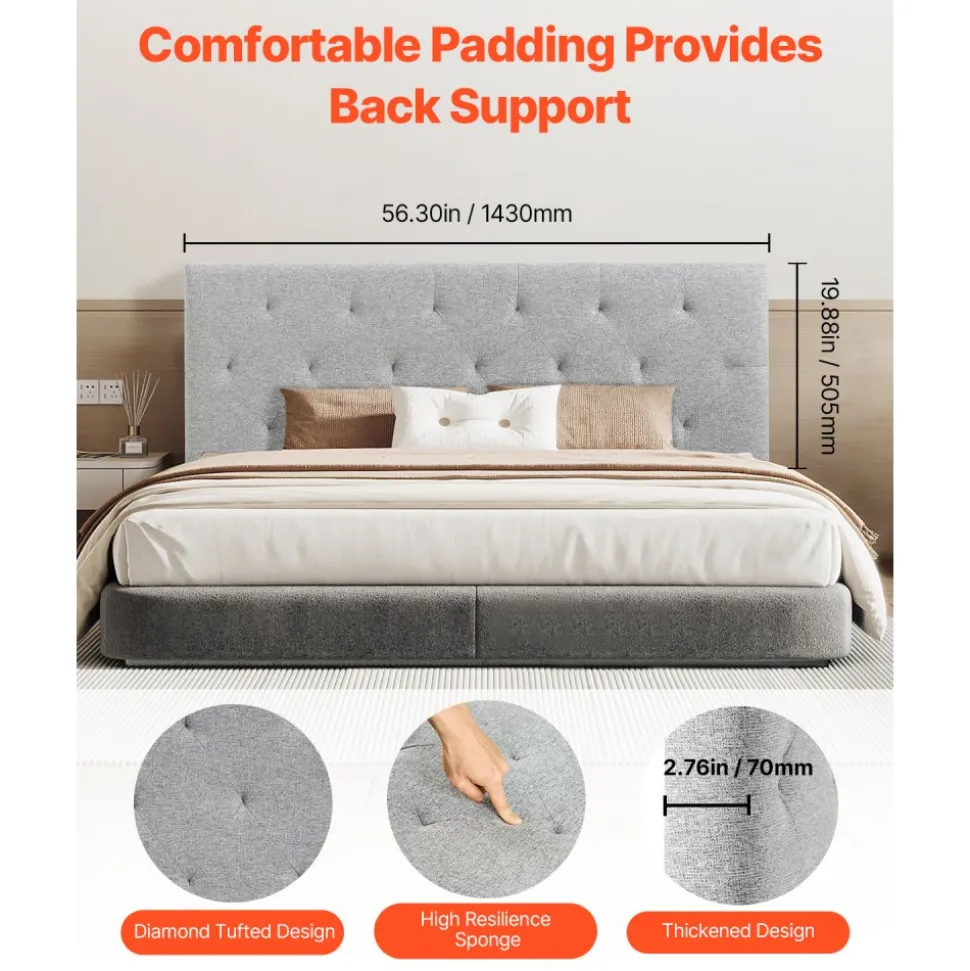 VEVOR Headboard, Full Size Headboard with Adjustable Height, Comfortable Diamond Tufted for Full Size Bed, W 56.3 x H(35.6-47.4)inches, Ideal for Bedroom, Hotel, Homestay, Dormitory, Light Grey