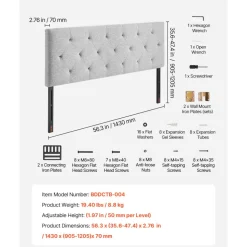 VEVOR Headboard, Full Size Headboard with Adjustable Height, Comfortable Diamond Tufted for Full Size Bed, W 56.3 x H(35.6-47.4)inches, Ideal for Bedroom, Hotel, Homestay, Dormitory, Light Grey