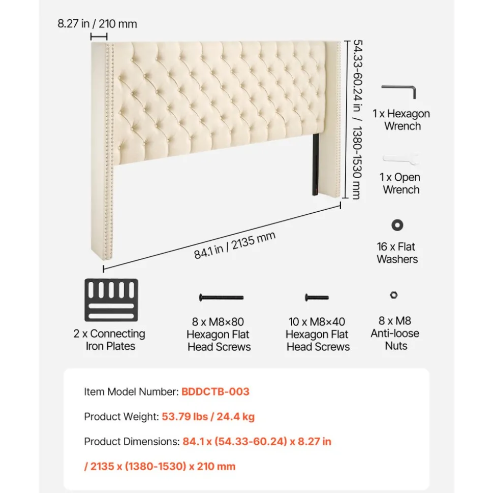 VEVOR Headboard, King Size Headboard with Adjustable Height, Comfortable Diamond Tufted for King Size Bed, W84.1 x H (54.33-60.24) x D 8.27 in, Ideal for Bedroom, Hotel, Homestay, Dormitory, Cream