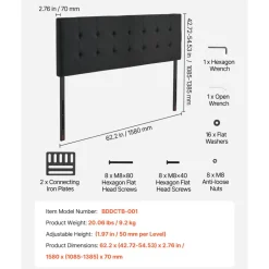 VEVOR Headboard, Queen Size Headboard with Adjustable Height, Comfortable Diamond Tufted for Queen Size Bed, W62.2 x H(42.72-54.53) x D2.76 in, Ideal for Bedroom, Hotel, Homestay, Dormitory, Black