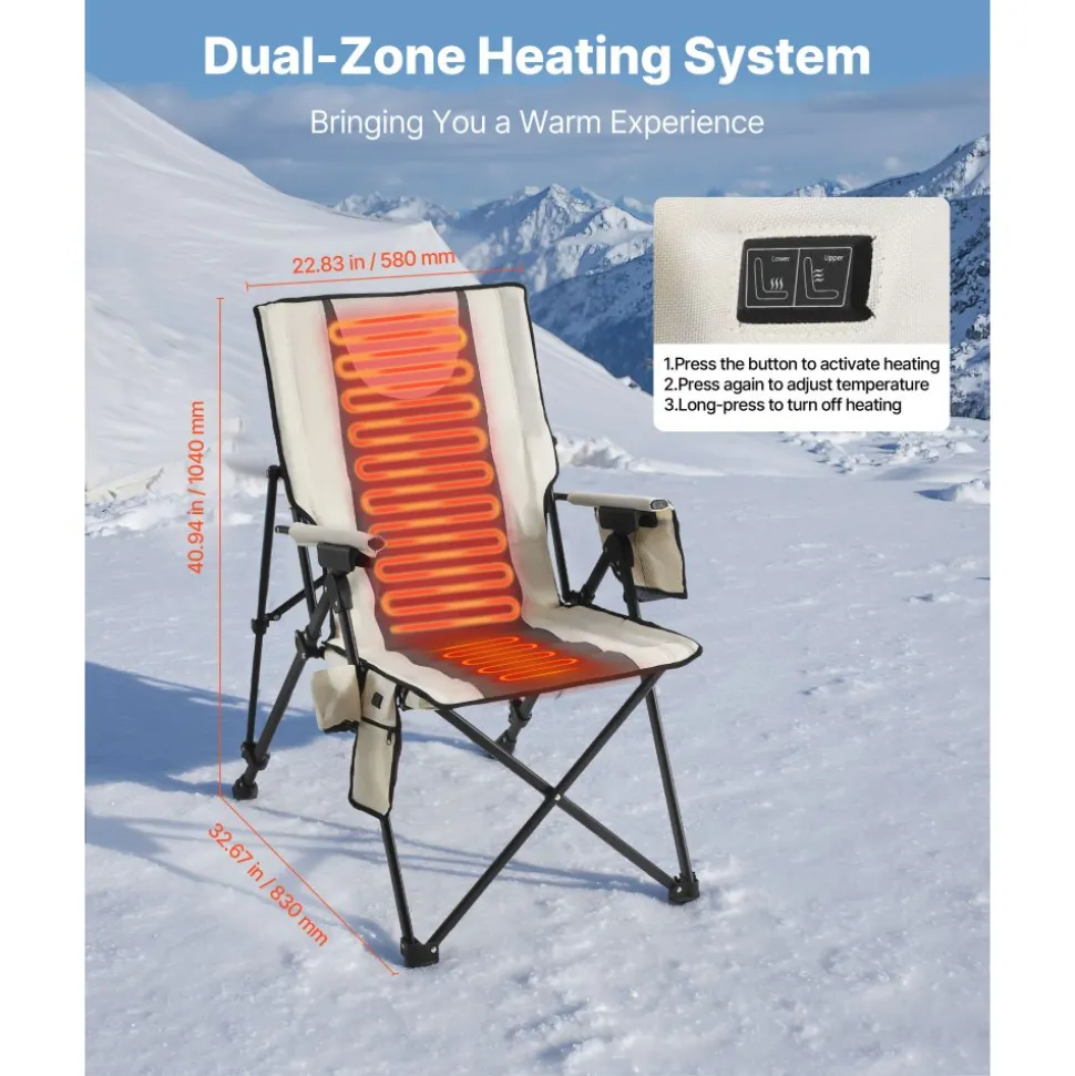 VEVOR Heated Camping Chair, 3 Heat Settings, High Back Folding Camping Chair, Supports 260lbs, Full Padded Beach Chairs with Armrest & Cupholder, Portable Lawn Chairs for Outdoor Sports Travel