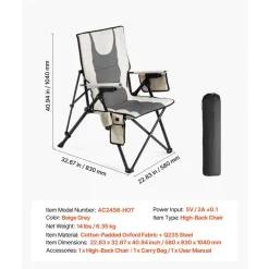 VEVOR Heated Camping Chair, 3 Heat Settings, High Back Folding Camping Chair, Supports 260lbs, Full Padded Beach Chairs with Armrest & Cupholder, Portable Lawn Chairs for Outdoor Sports Travel