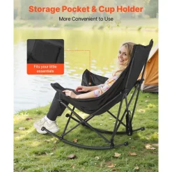 VEVOR Heated Camping Chair, 3 Heating Settings, Large-Sized Padded Folding Rocker, Heavy Duty Outdoor Lawn Chairs with Pocket & Cupholder, Support 225lbs, Portable Heated Chair for Sports Winter Use