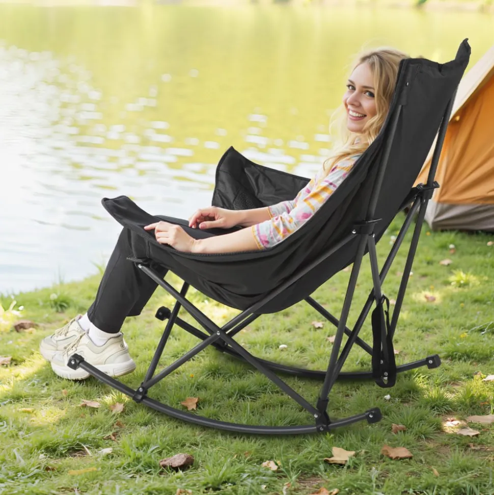 VEVOR Heated Camping Chair, 3 Heating Settings, Large-Sized Padded Folding Rocker, Heavy Duty Outdoor Lawn Chairs with Pocket & Cupholder, Support 225lbs, Portable Heated Chair for Sports Winter Use