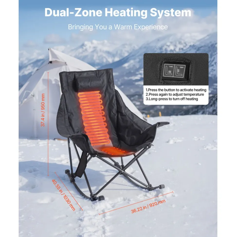 VEVOR Heated Camping Chair, 3 Heating Settings, Large-Sized Padded Folding Rocker, Heavy Duty Outdoor Lawn Chairs with Pocket & Cupholder, Support 225lbs, Portable Heated Chair for Sports Winter Use