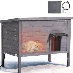 VEVOR Heated Cat House, Insulated Wooden Cat House for Outdoor Cats, Waterproof Feral Kitty Shelter with Heating Pad, PVC Flap Door & Openable Asphalt Roof for 1-3 Cats in Winter, 34 x 21 x 27 in