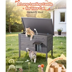 VEVOR Heated Cat House, Insulated Wooden Cat House for Outdoor Cats, Waterproof Feral Kitty Shelter with Heating Pad, PVC Flap Door & Openable Asphalt Roof for 1-3 Cats in Winter, 34 x 21 x 27 in