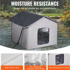 VEVOR Heated Cat House, Outdoor Kitty Shelter with Timer, 600D Oxford Cloth Foldable Cat Shelter with Heated Pad  for Winter to Stay Warm and Cozy, Gray (Middle)