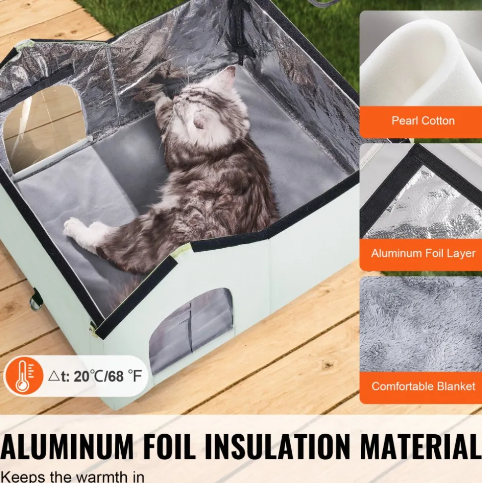 VEVOR Heated Cat House, Outdoor Kitty Shelter with Adjustable Temperature and Timer, 600D Oxford Cloth Foldable Cat Shelter with Heated Pad for Winter to Stay Warm and Cozy, Green (Large)