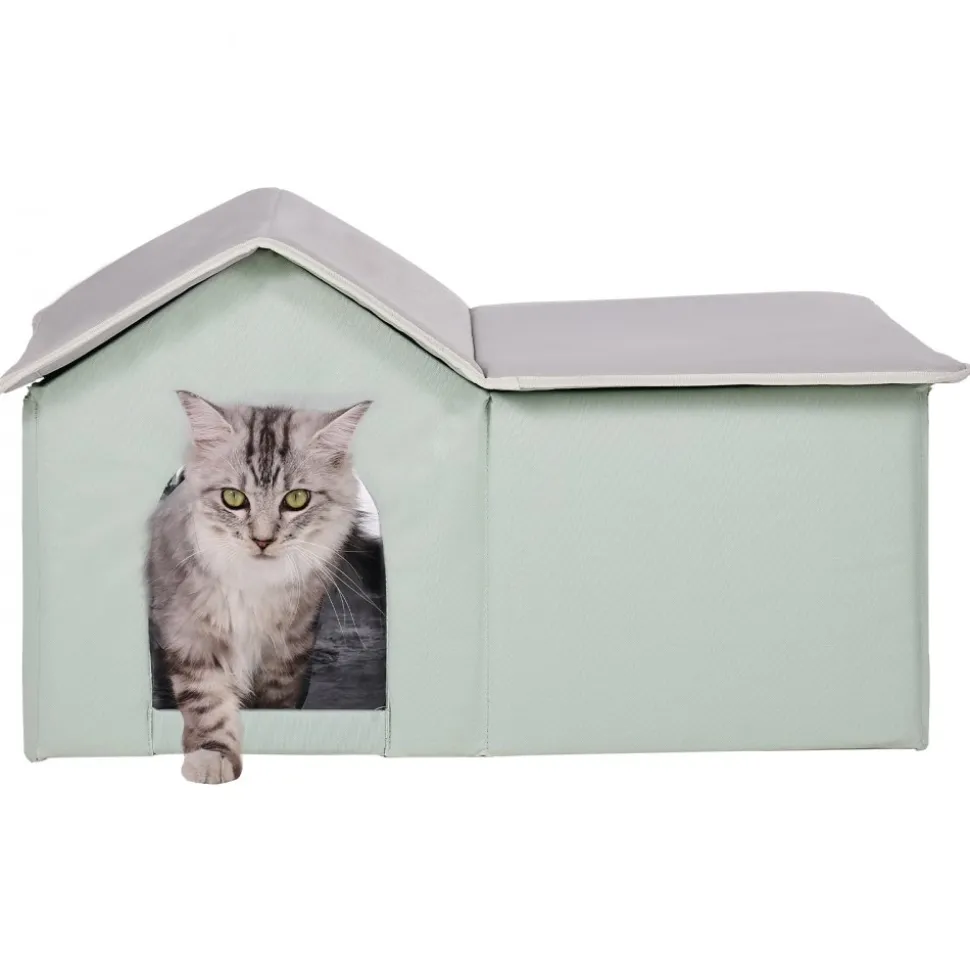 VEVOR Heated Cat House, Outdoor Kitty Shelter with Adjustable Temperature and Timer, 600D Oxford Cloth Foldable Cat Shelter with Heated Pad for Winter to Stay Warm and Cozy, Green (Large)