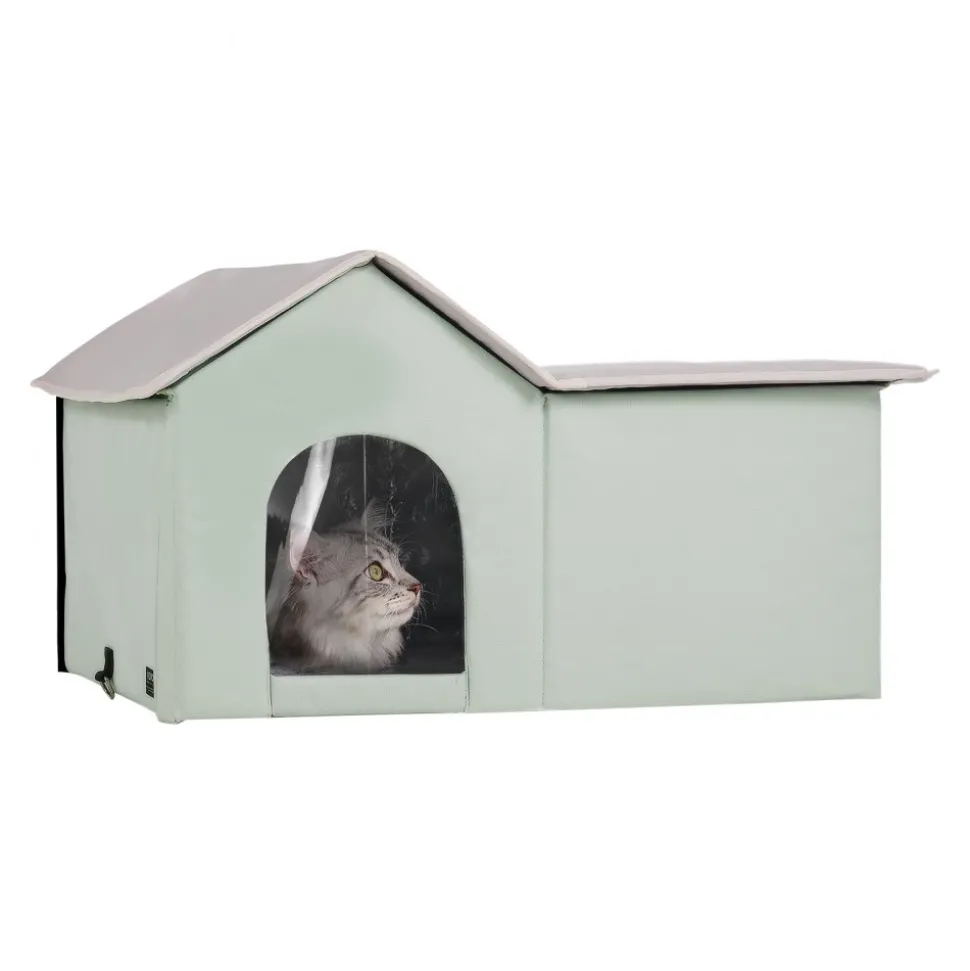VEVOR Heated Cat House, Outdoor Kitty Shelter with Adjustable Temperature and Timer, 600D Oxford Cloth Foldable Cat Shelter with Heated Pad for Winter to Stay Warm and Cozy, Green (Large)