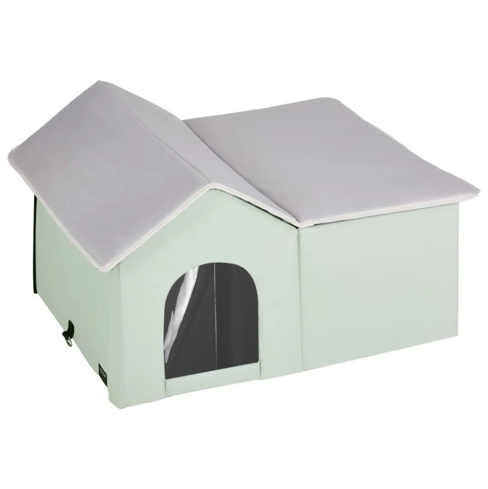 VEVOR Heated Cat House, Outdoor Kitty Shelter with Adjustable Temperature and Timer, 600D Oxford Cloth Foldable Cat Shelter with Heated Pad for Winter to Stay Warm and Cozy, Green (Large)