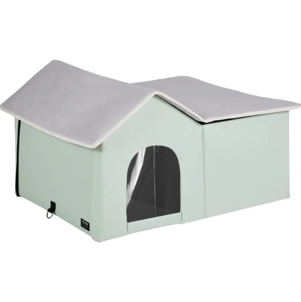 VEVOR Heated Cat House, Outdoor Kitty Shelter with Adjustable Temperature and Timer, 600D Oxford Cloth Foldable Cat Shelter with Heated Pad for Winter to Stay Warm and Cozy, Green (Large)
