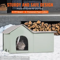VEVOR Heated Cat House, Outdoor Kitty Shelter with Adjustable Temperature and Timer, 600D Oxford Cloth Foldable Cat Shelter with Heated Pad for Winter to Stay Warm and Cozy, Green (Large)