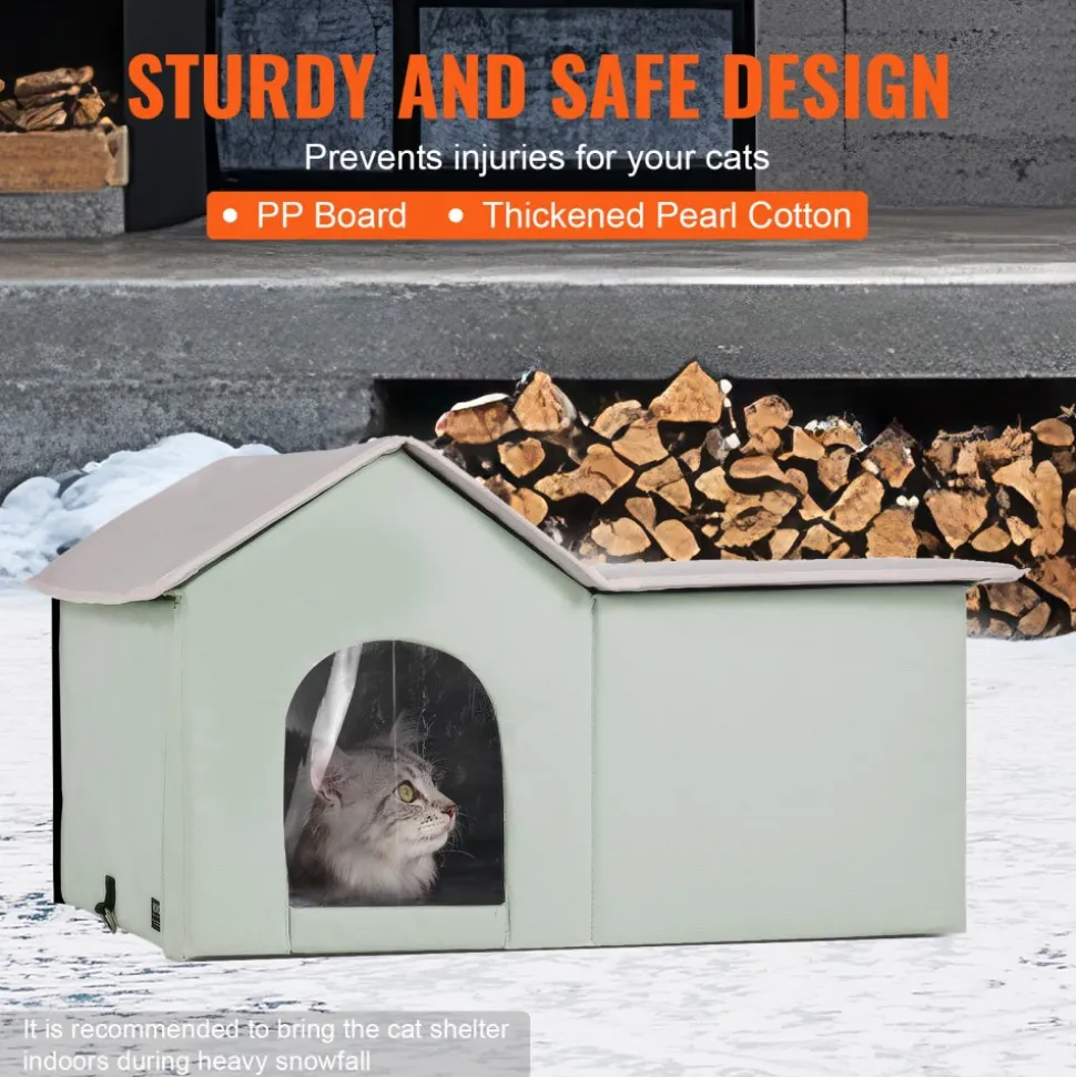VEVOR Heated Cat House, Outdoor Kitty Shelter with Adjustable Temperature and Timer, 600D Oxford Cloth Foldable Cat Shelter with Heated Pad for Winter to Stay Warm and Cozy, Green (Large)