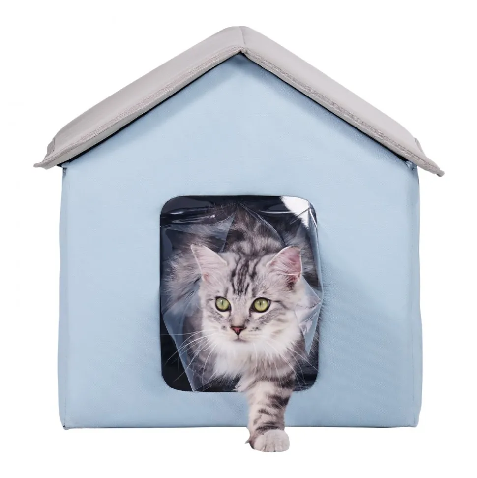 VEVOR Heated Cat House, Outdoor Kitty Shelter with Timer, 600D Oxford Cloth Foldable Cat Shelter with Heated Pad for Winter to Stay Warm and Cozy, Blue (Small)
