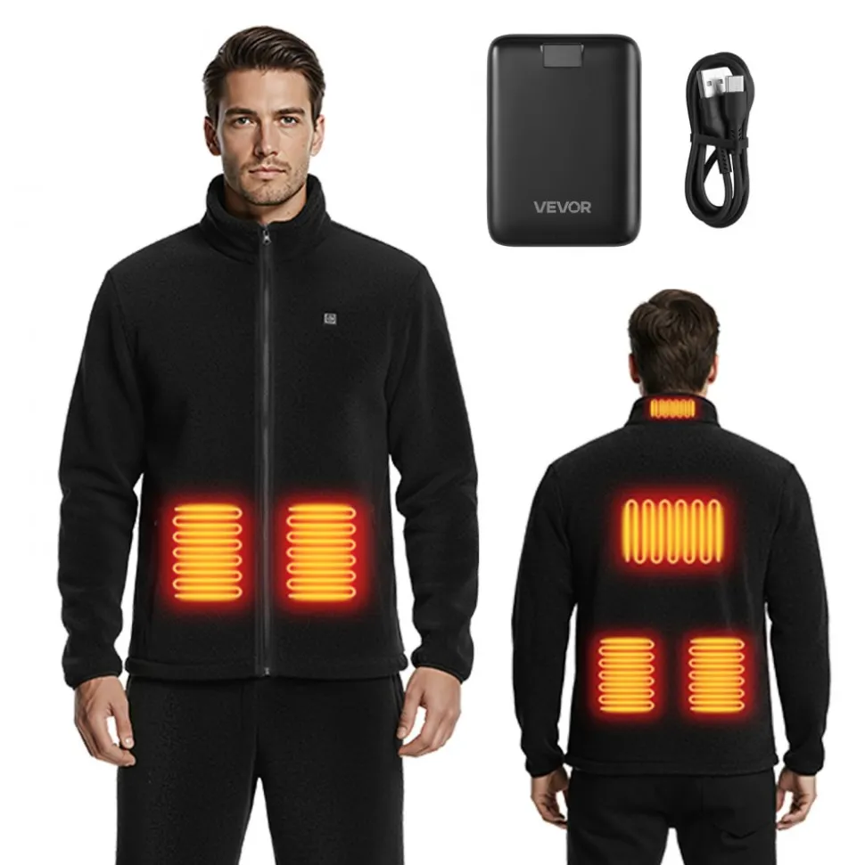 VEVOR Heated Fleece Jacket for Men, Heated Sweatshirt with 7.4V 16000mAh Rechargeable Power Bank Pack, 6 Heating Zones, 3 Temp Levels, 3h/6h/10h Warmth, for Winter Outdoor Camping, Black, L Size