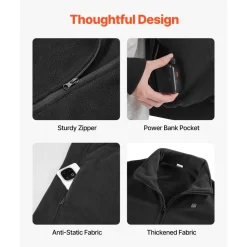 VEVOR Heated Fleece Jacket for Men, Heated Sweatshirt with 7.4V 16000mAh Rechargeable Power Bank Pack, 6 Heating Zones, 3 Temp Levels, 3h/6h/10h Warmth, for Winter Outdoor Camping, Black, L Size
