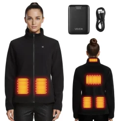 VEVOR Heated Fleece Jacket for Women, Heated Sweatshirt with 7.4V 16000mAh Rechargeable Power Bank Pack, 6 Heating Zones, 3 Temp Levels, 3h/6h/10h Warmth, for Winter Outdoor Camping, Black, XL Size