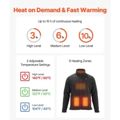 VEVOR Heated Fleece Jacket for Women, Heated Sweatshirt with 7.4V 16000mAh Rechargeable Power Bank Pack, 6 Heating Zones, 3 Temp Levels, 3h/6h/10h Warmth, for Winter Outdoor Camping, Black, XL Size