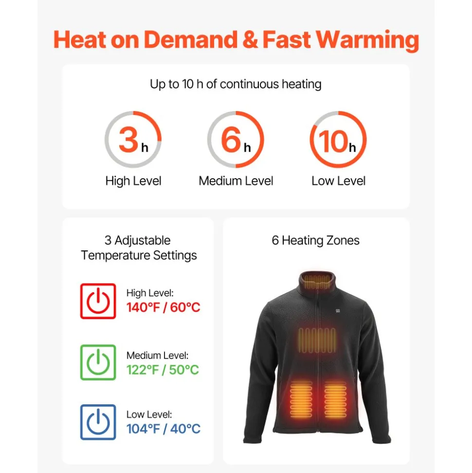 VEVOR Heated Fleece Jacket for Men, Heated Sweatshirt with 7.4V 16000mAh Rechargeable Power Bank Pack, 6 Heating Zones, 3 Temp Levels, 3h/6h/10h Warmth, for Winter Outdoor Camping, Black, XXL Size
