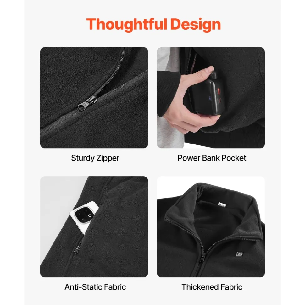 VEVOR Heated Fleece Jacket for Men, Heated Sweatshirt with 7.4V 16000mAh Rechargeable Power Bank Pack, 6 Heating Zones, 3 Temp Levels, 3h/6h/10h Warmth, for Winter Outdoor Camping, Black, XXL Size
