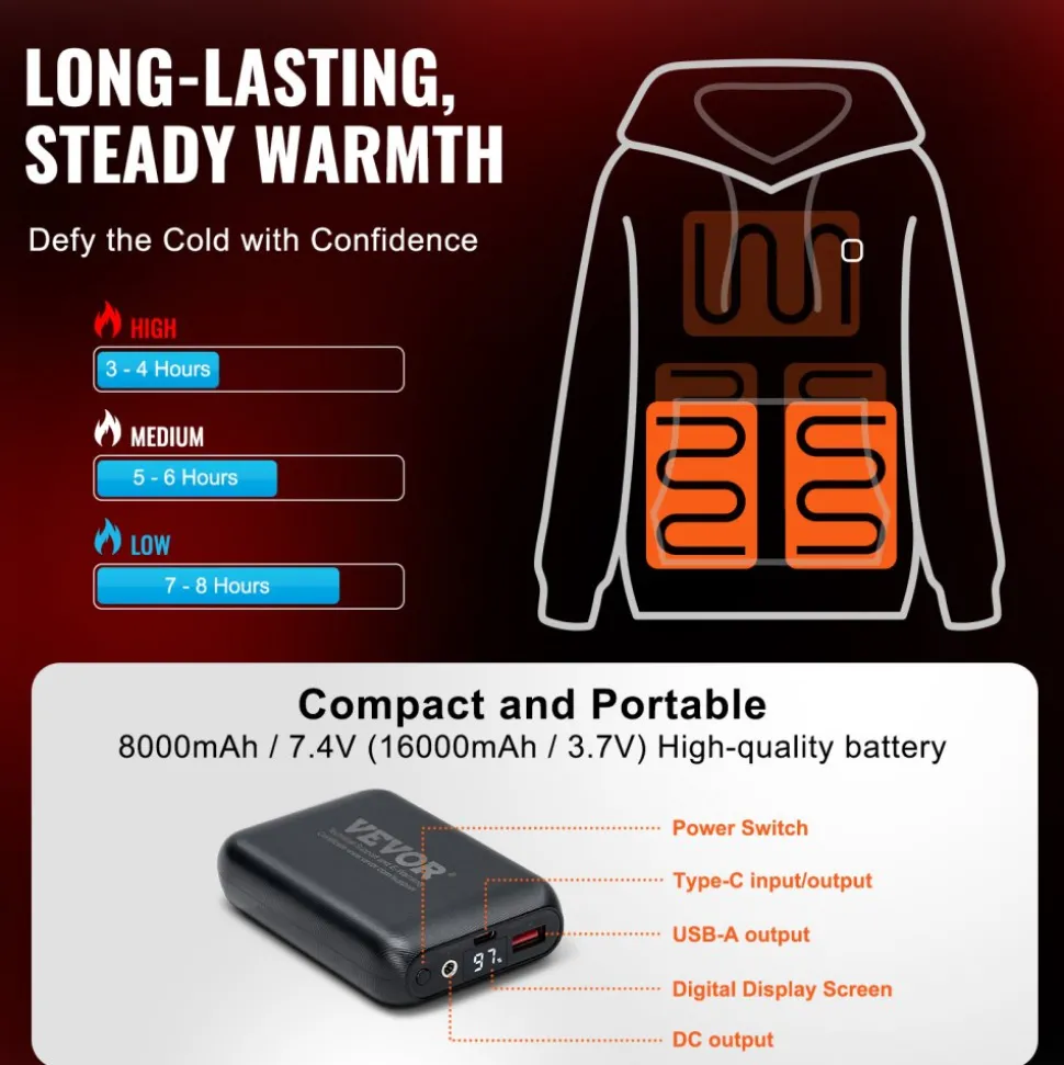 VEVOR Heated Hoodie, Unisex Heated Sweatshirt with Battery Pack 7.4V, Electric Jacket with 5 Heating Zones for Men & Women, Lightweight Warm Heated Outdoor Pullover for Fishing Camping, S Size Black