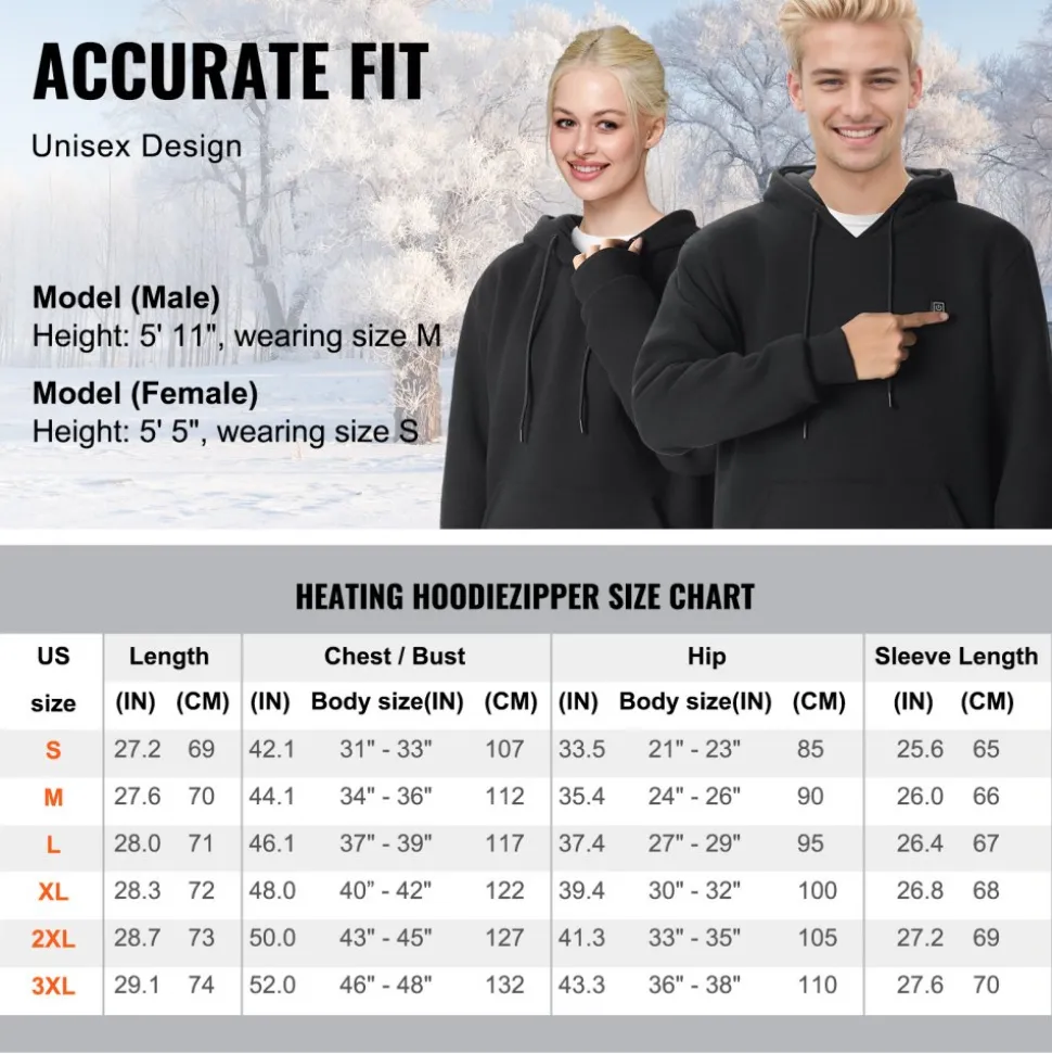 VEVOR Heated Hoodie, Unisex Heated Sweatshirt with Battery Pack 7.4V, Electric Jacket with 5 Heating Zones for Men & Women, Lightweight Warm Heated Outdoor Pullover for Fishing Camping, S Size Black