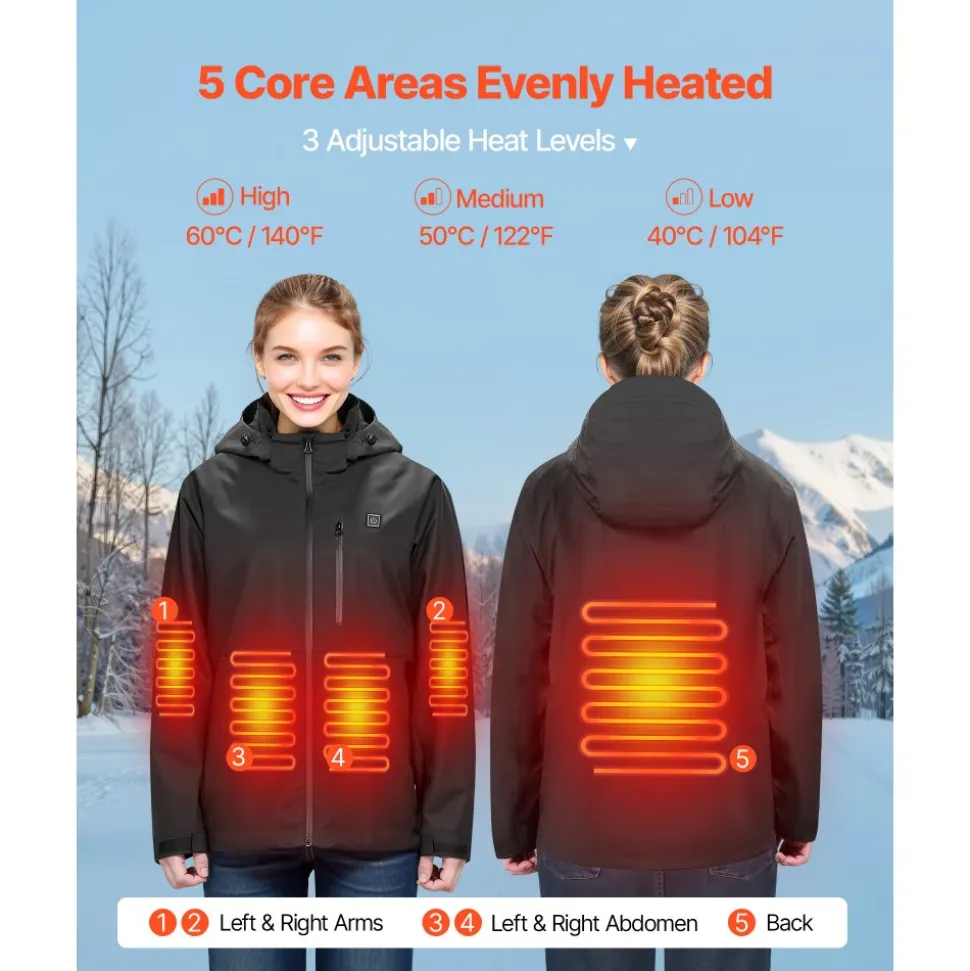 VEVOR Heated Jacket for Men with 7.4V Battery, Soft Shell Electric Heating Coat, Windproof Waterproof Lightweight Outerwear with 5 Heating Zones & 3 Heat Settings, Machine Washable,XL Size