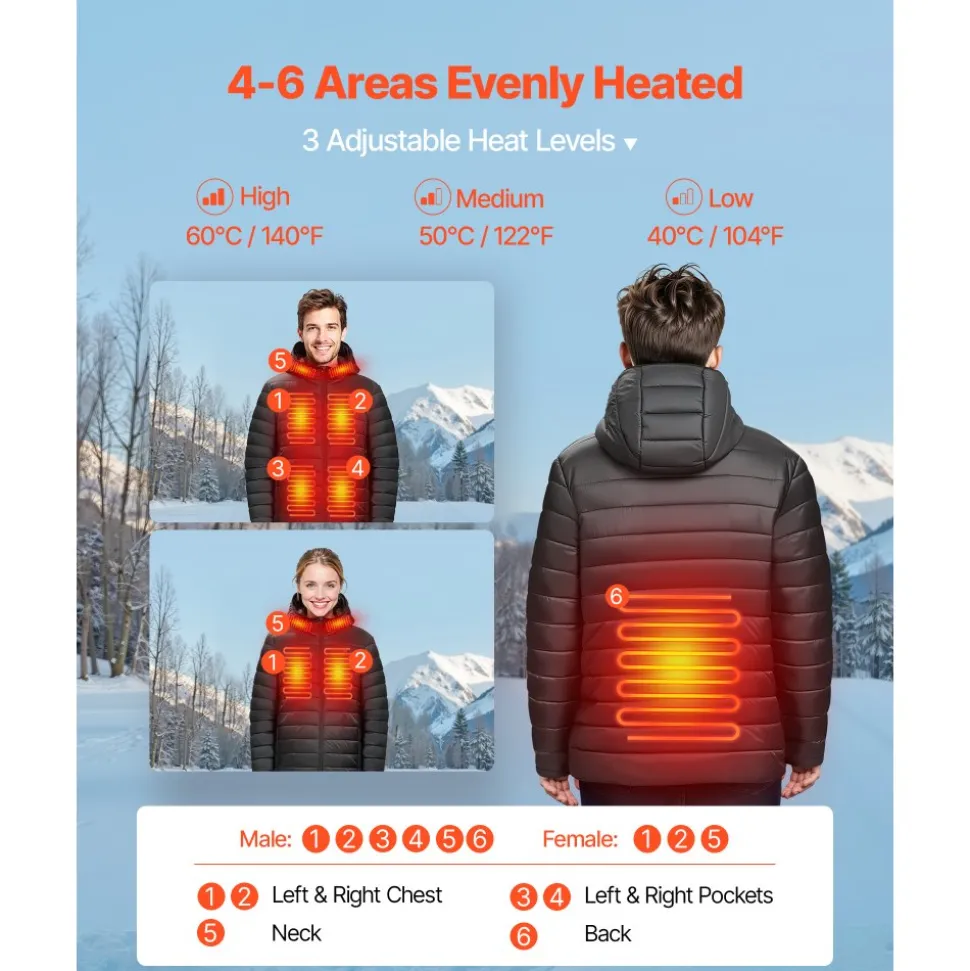 VEVOR Heated Jacket for Women with 7.4V Battery, Soft Shell Electric Heating Coat, Windproof Lightweight Outerwear with 4 Heating Zones & 3 Heat Settings, for Hiking, Outdoor Work, Black, M Size