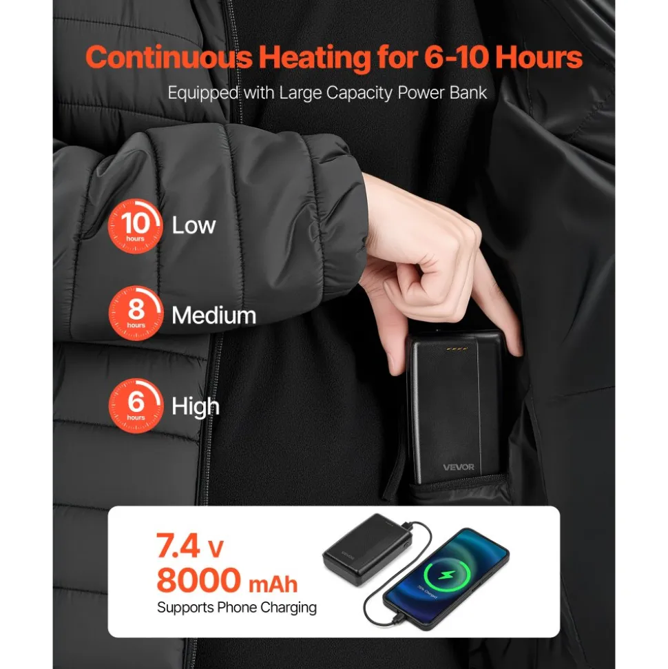 VEVOR Heated Jacket for Women with 7.4V Battery, Soft Shell Electric Heating Coat, Windproof Lightweight Outerwear with 4 Heating Zones & 3 Heat Settings, for Hiking, Outdoor Work, Black, L Size