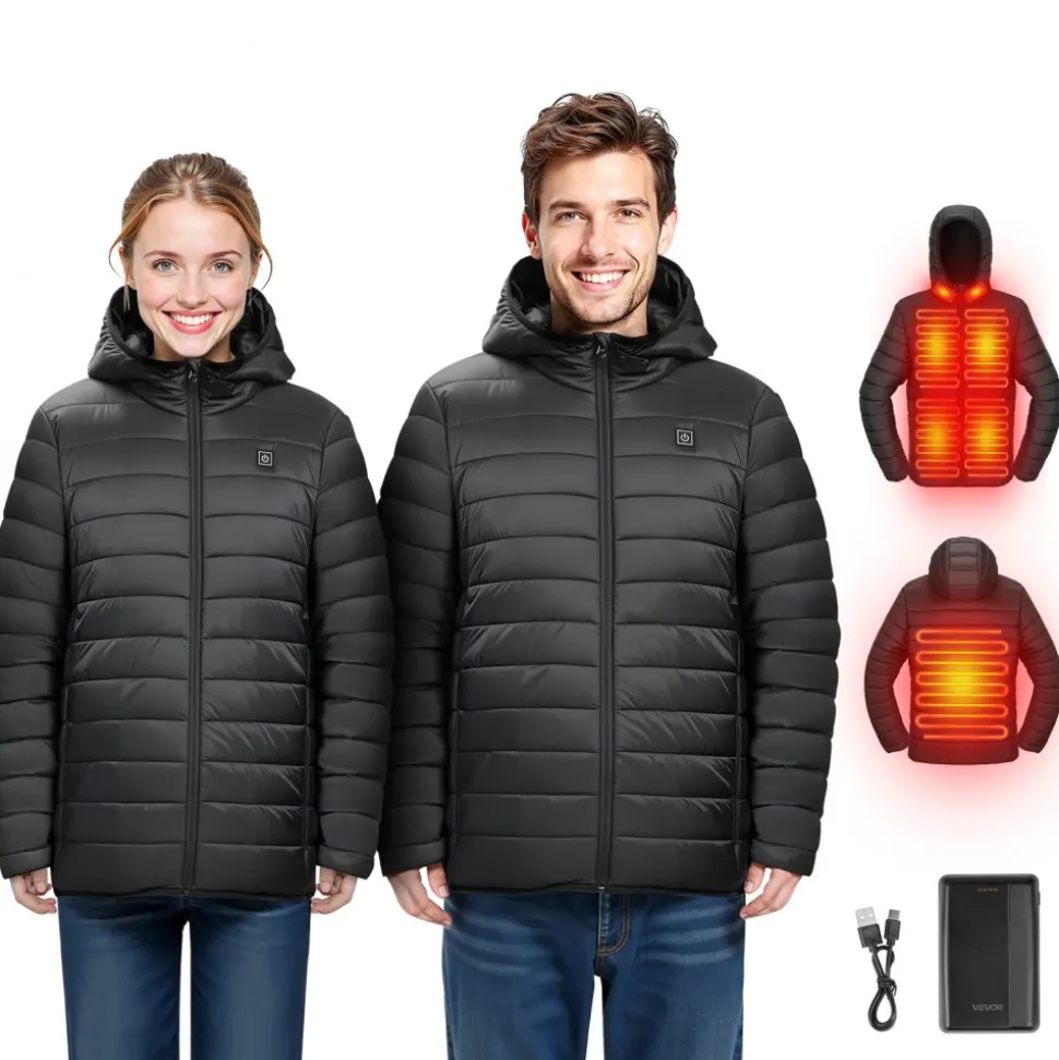 VEVOR Heated Jacket for Women with 7.4V Battery, Soft Shell Electric Heating Coat, Windproof Lightweight Outerwear with 4 Heating Zones & 3 Heat Settings, for Hiking, Outdoor Work, Black, L Size