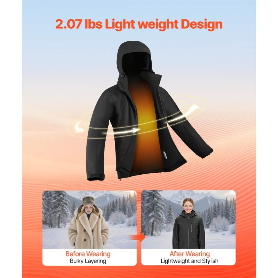 VEVOR Heated Jacket for Women with 7.4V Battery, Soft Shell Electric Heating Coat, Windproof Waterproof Lightweight Outerwear with 5 Heating Zones & 3 Heat Settings, Machine Washable, S Size