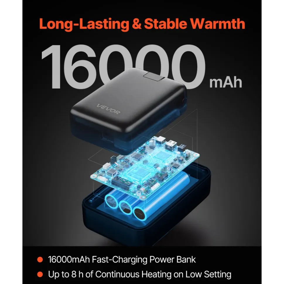 VEVOR Heated Jacket Hoodie for Men Women, Heated Sweatshirt Unisex Full-Zip with 7.4V 16000mAh Power Bank Pack, 5 Heating Zones, 3 Temp Levels, 4-8H Warmth, for Winter Outdoor Camping, Black, L Size