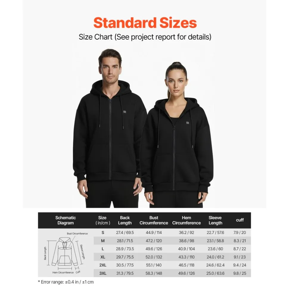 VEVOR Heated Jacket Hoodie for Men Women, Heated Sweatshirt Unisex Full-Zip with 7.4V 16000mAh Power Bank Pack, 5 Heating Zones, 3 Temp Levels, 4-8H Warmth, for Winter Outdoor Camping, Black, L Size