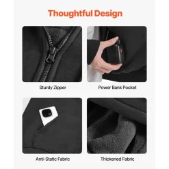 VEVOR Heated Jacket Hoodie for Men Women, Heated Sweatshirt Unisex Full-Zip with 7.4V 16000mAh Power Bank Pack, 5 Heating Zones, 3 Temp Levels, 4-8H Warmth, for Winter Outdoor Camping, Black, XXL Size