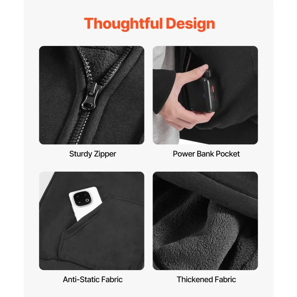 VEVOR Heated Jacket Hoodie for Men Women, Heated Sweatshirt Unisex Full-Zip with 7.4V 16000mAh Power Bank Pack, 5 Heating Zones, 3 Temp Levels, 4-8H Warmth, for Winter Outdoor Camping, Black, XXL Size