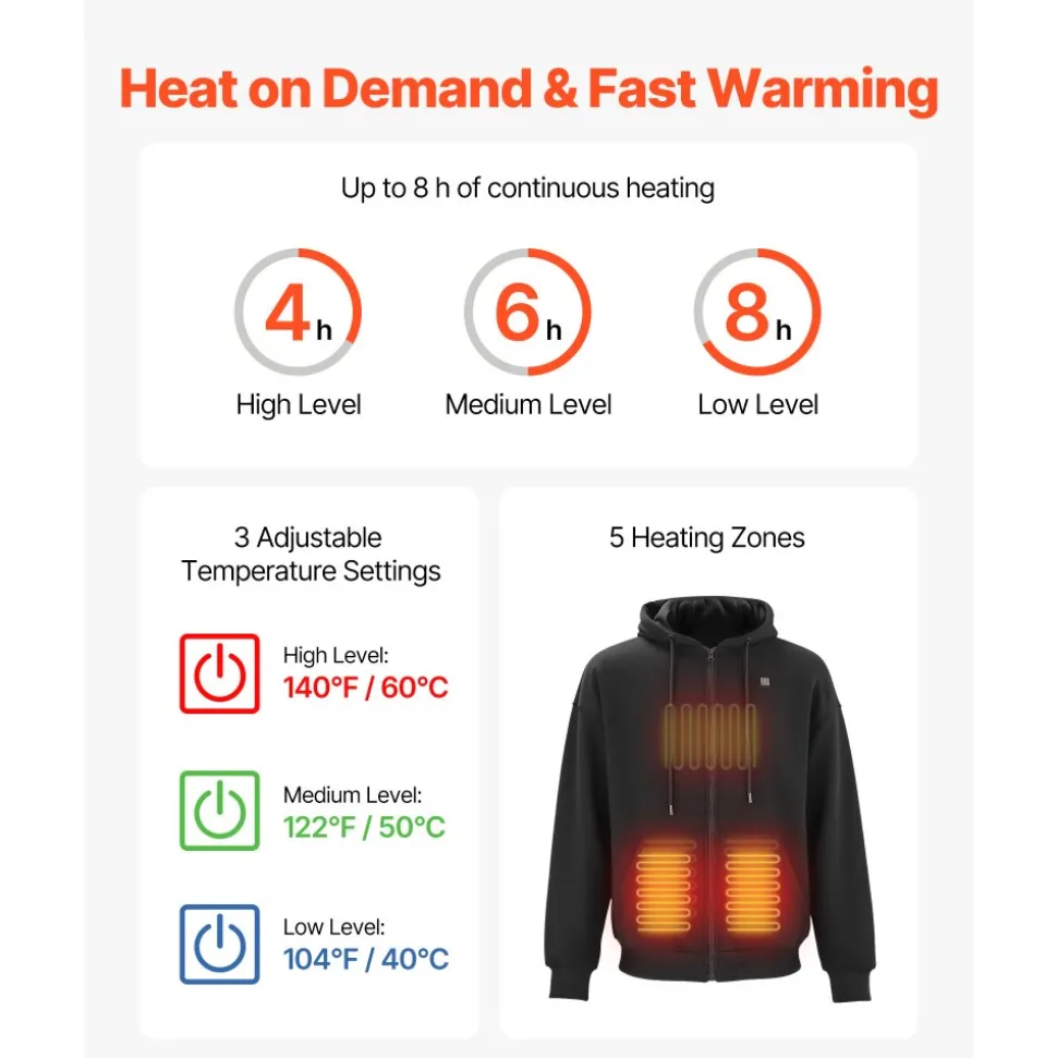VEVOR Heated Jacket Hoodie for Men Women, Heated Sweatshirt Unisex Full-Zip with 7.4V 16000mAh Power Bank Pack, 5 Heating Zones, 3 Temp Levels, 4-8H Warmth, for Winter Outdoor Camping, Black, XXL Size