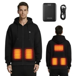 VEVOR Heated Jacket Hoodie for Men Women, Heated Sweatshirt Unisex Full-Zip with 7.4V 16000mAh Power Bank Pack, 5 Heating Zones, 3 Temp Levels, 4-8H Warmth, for Winter Outdoor Camping, Black, XL Size