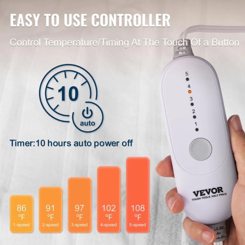 VEVOR Heated Mattress Pad, 39 x 75 in, Electric Bed Warmer with 1-5 Heat Settings Control, 10-Hour Auto Shut Off, Machine-Wash Breathable Coral Fleece Heating Electric Mattress Sheets, White