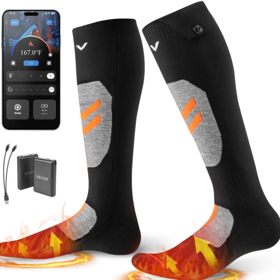 VEVOR Heated Socks, X-Large Size, 5000mAh Battery Rechargeable Heating Socks with 4 Heating Levels, Electric Heated Sock with APP Control for Men Women, Foot Warmer for Hunting Riding Camping Hiking