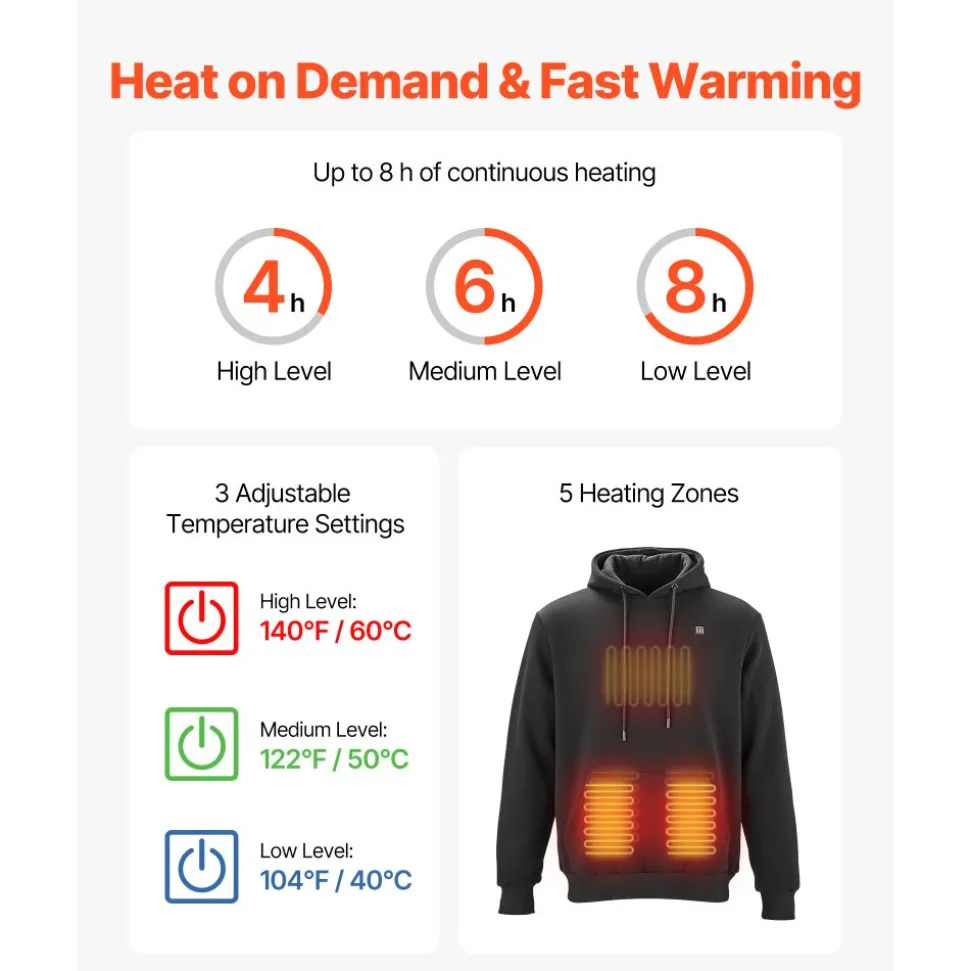 VEVOR Heated Sweatshirt Hoodie for Men Women, Heated Jacket Unisex with 7.4V 16000mAh Rechargeable Power Bank Pack, 5 Heating Zones, 3 Temp Levels, 4-8H Warmth, for Winter Outdoor Camping, Black, S Size